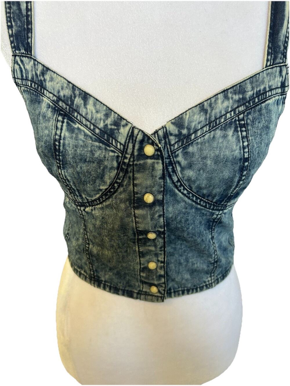 NWT Denim Jean Corset Bustier Crop Tank Top Country Western Cowgirl Pearl Snap 4